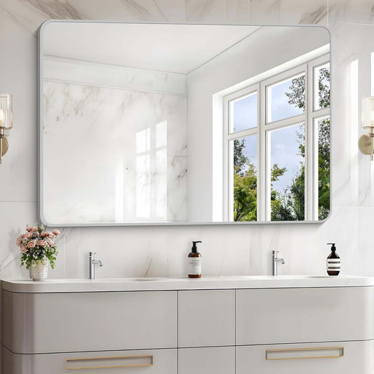 55x36 Inch Silver Bathroom Mirror, Large Rectangular Vanity Mirror, Metal Framed Rectangle Mirror, Rounded Corner Wall Mounted Mirrors for Living Room Bedroom Entryway Horizontal or Vertical