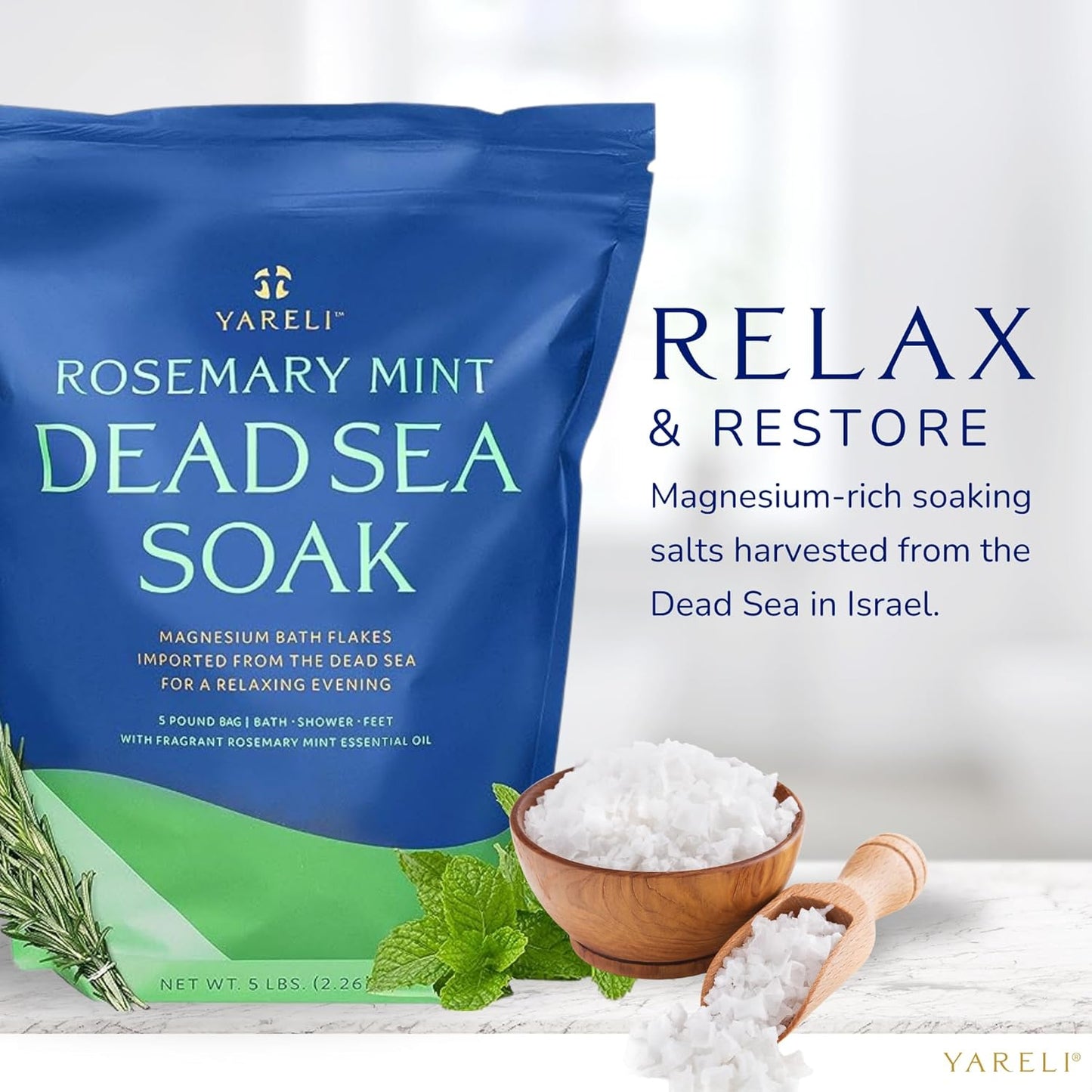 Yareli Magnesium Flakes, 5lb Rosemary Peppermint, Dead Sea Bath and Foot Soak, Alternative to Epsom Salt with Over 250,000mg of Magnesium Chloride Per Bag