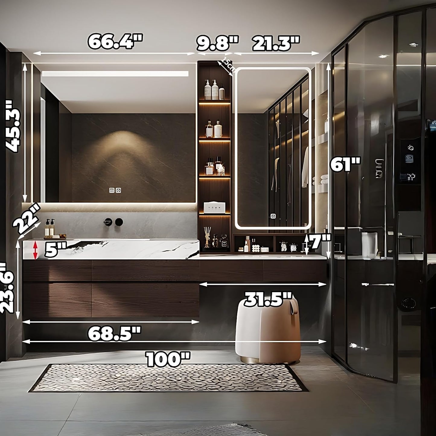 Bathroom Vanity with Sink - Luxury Bathroom Sink Cabinet, Floating Vanity with Smart Defogging Mirror & Storage Drawer, Multi-Layer Solid Wood Panel - Complete Accessories (100")