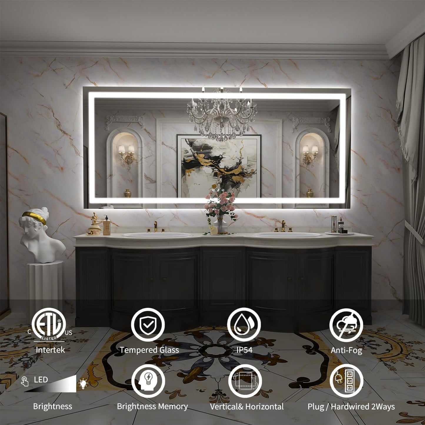 LED Mirror for Bathroom, 77x36 Inch Backlit + Front Lighted Bathroom Vanity Mirror with Lights for Wall, Double Light Strips, 3 Colors, Shatter-Proof, Anti-Fog and Brightness Memory