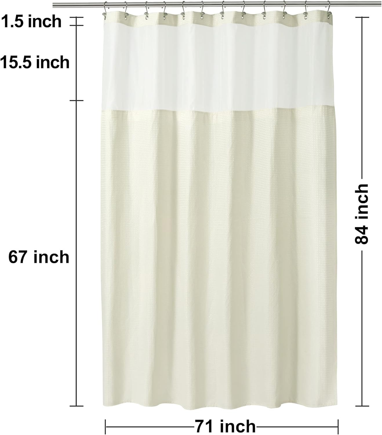 N&Y HOME Extra Long Cream Waffle Weave Shower Curtain with Snap-in Fabric Liner & Hooks Set - 71" x 84", Hotel Style & Mesh Top Window, Machine Washable - 71x84 Inches, Cream