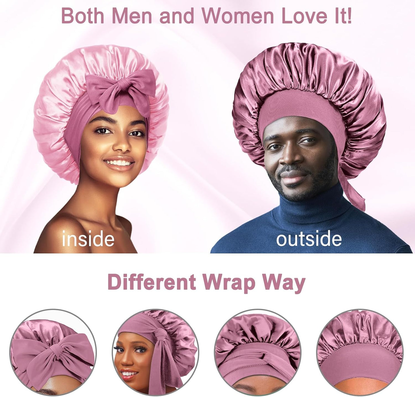 Double Layered Silk Satin Bonnet with Tie for Sleeping Black Women, Wide Band Large Hair Wrap Sleep Cap for Curly Hair Braid