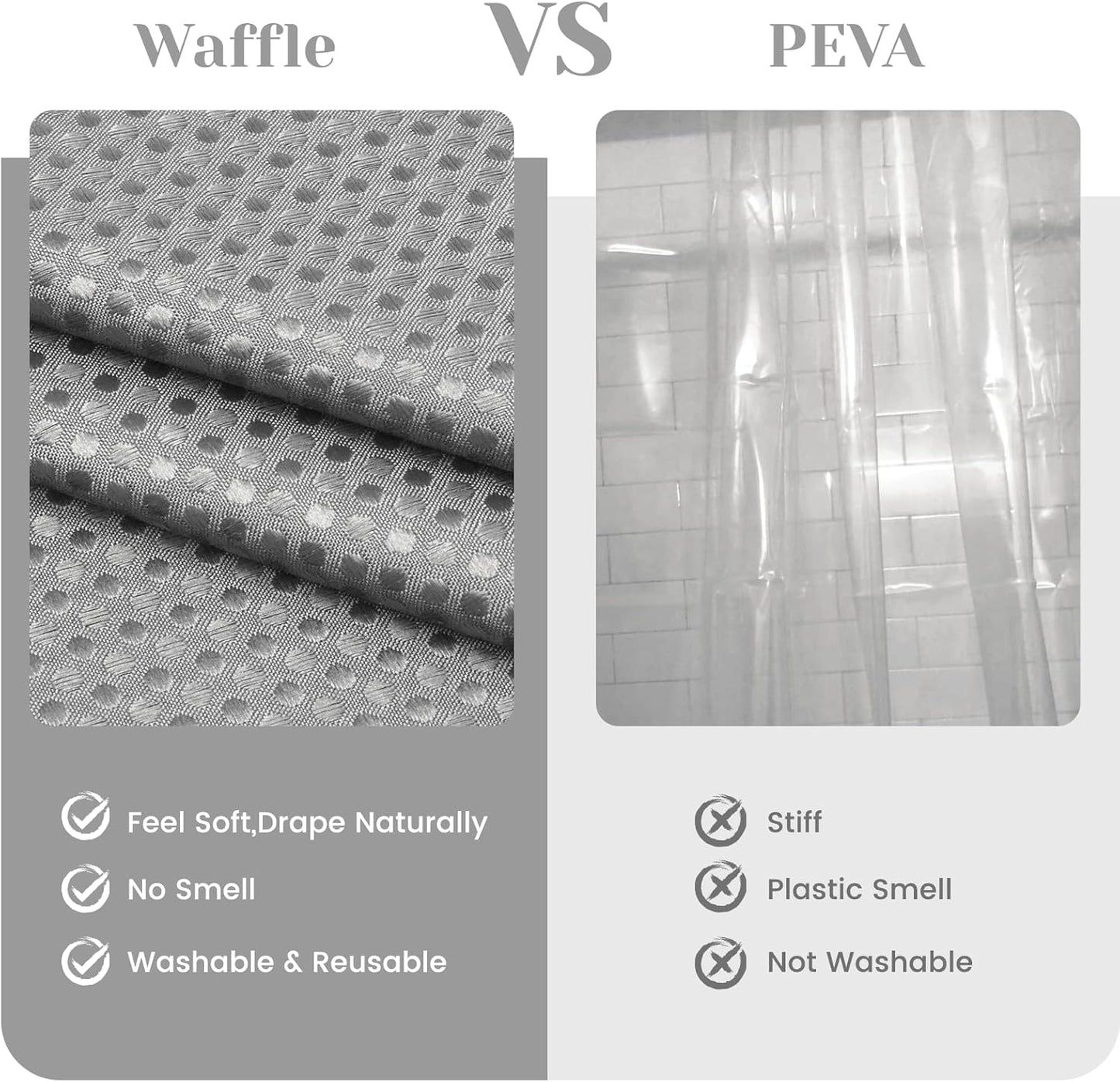 No Hook Shower Curtain with Snap in Liner Set Waffle Shower Curtain for Bathroom Hotel Style Fabric Waterproof Inner Liner，71" W x 86" H, Grey