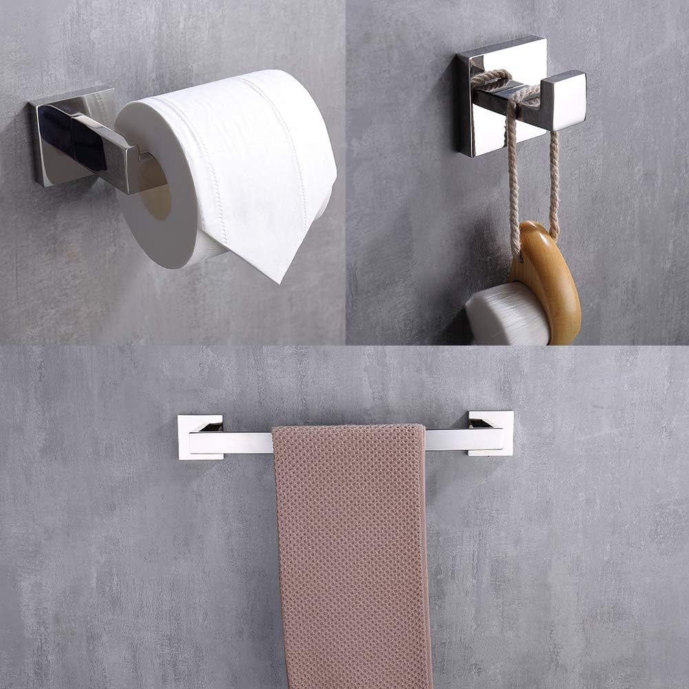 TASTOS 3-Piece Chrome Bathroom Hardware Accessory Set, Premium Stainless Steel Robe Hook Toilet Paper Holder 16-Inch Towel Bar Set Wall Mounted Square Style, Polished Finish (Silver)
