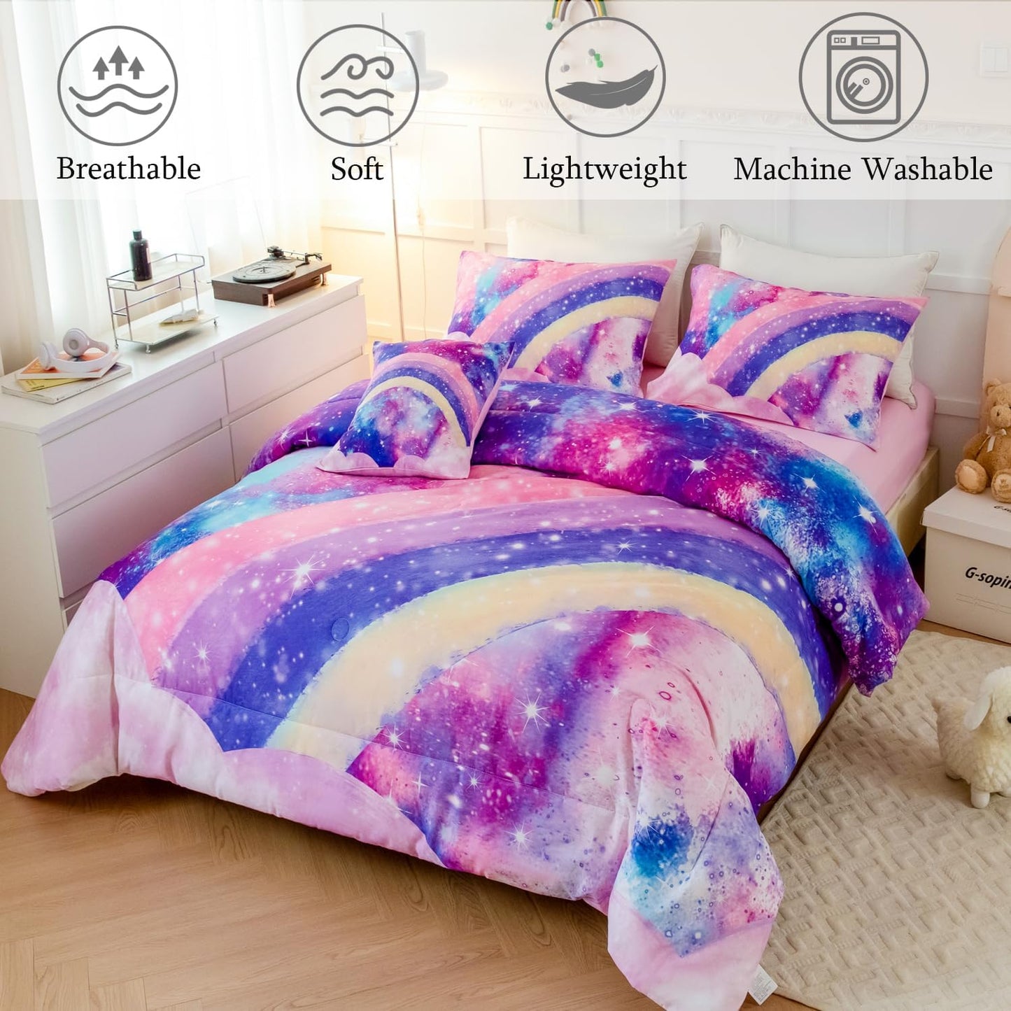 ANGIYUIN 6Pcs Rainbow Queen Size Comforter Set for Girls 3D Pastel Tie Dye Pink Comforter Bedding Set Soft Lightweight Bed in a Bag with Sheet Sets
