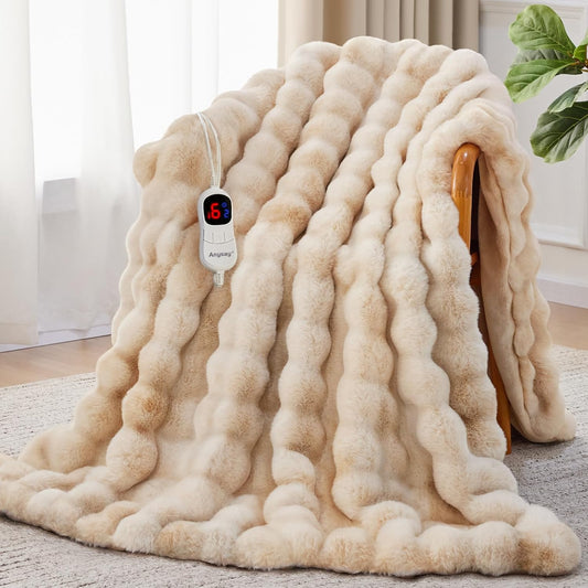Heated Blanket Queen Size with 1/2/4/6/8 Hours Auto-Off 10 Heat Level, 72'' * 84'' Cozy Faux Rabbit Fur Bubble Electric Blanket with Overheat Protection(Tie-Dye Beige)