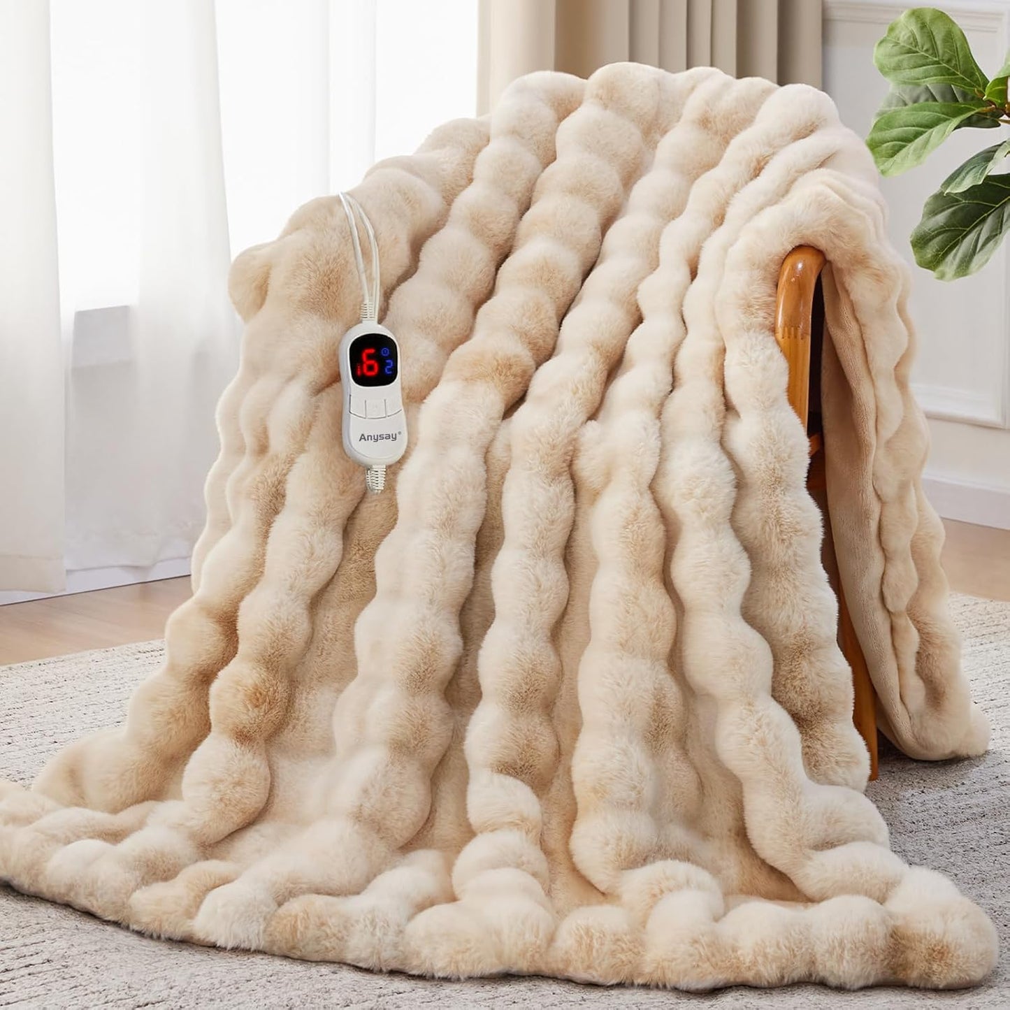 Heated Blanket Throw with 1/2/4/6/8 Hours Auto-Off 10 Heat Level, 50'' * 60'' Cozy Faux Rabbit Fur Bubble Electric Blanket with Overheat Protection(Beige)