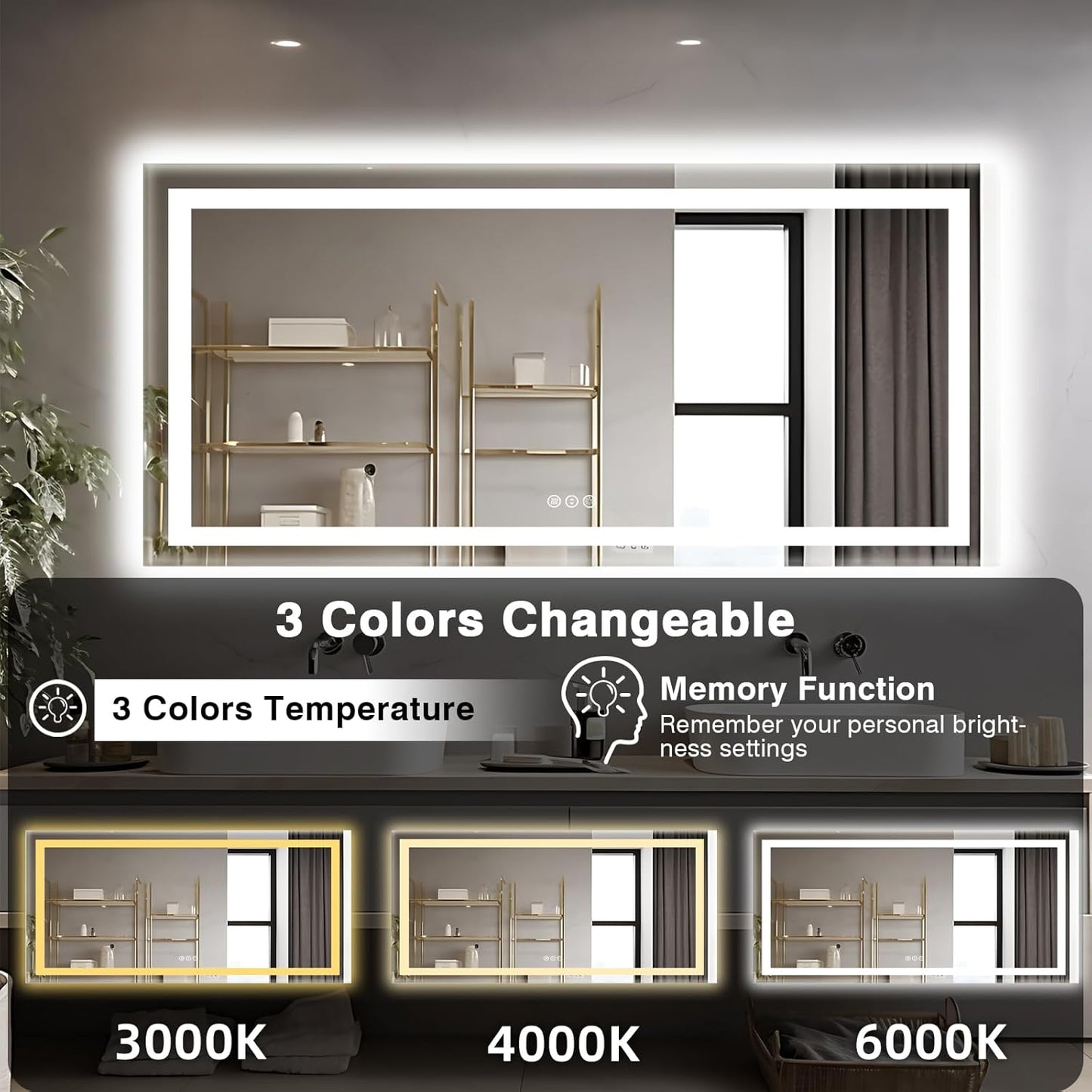 77"x36" Large LED Bathroom Mirror with Front & Backlit, Anti-Fog, Stepless Dimmable Vanity Mirror, 3 Colors Smart Mirror (Horizontal/Vertical)