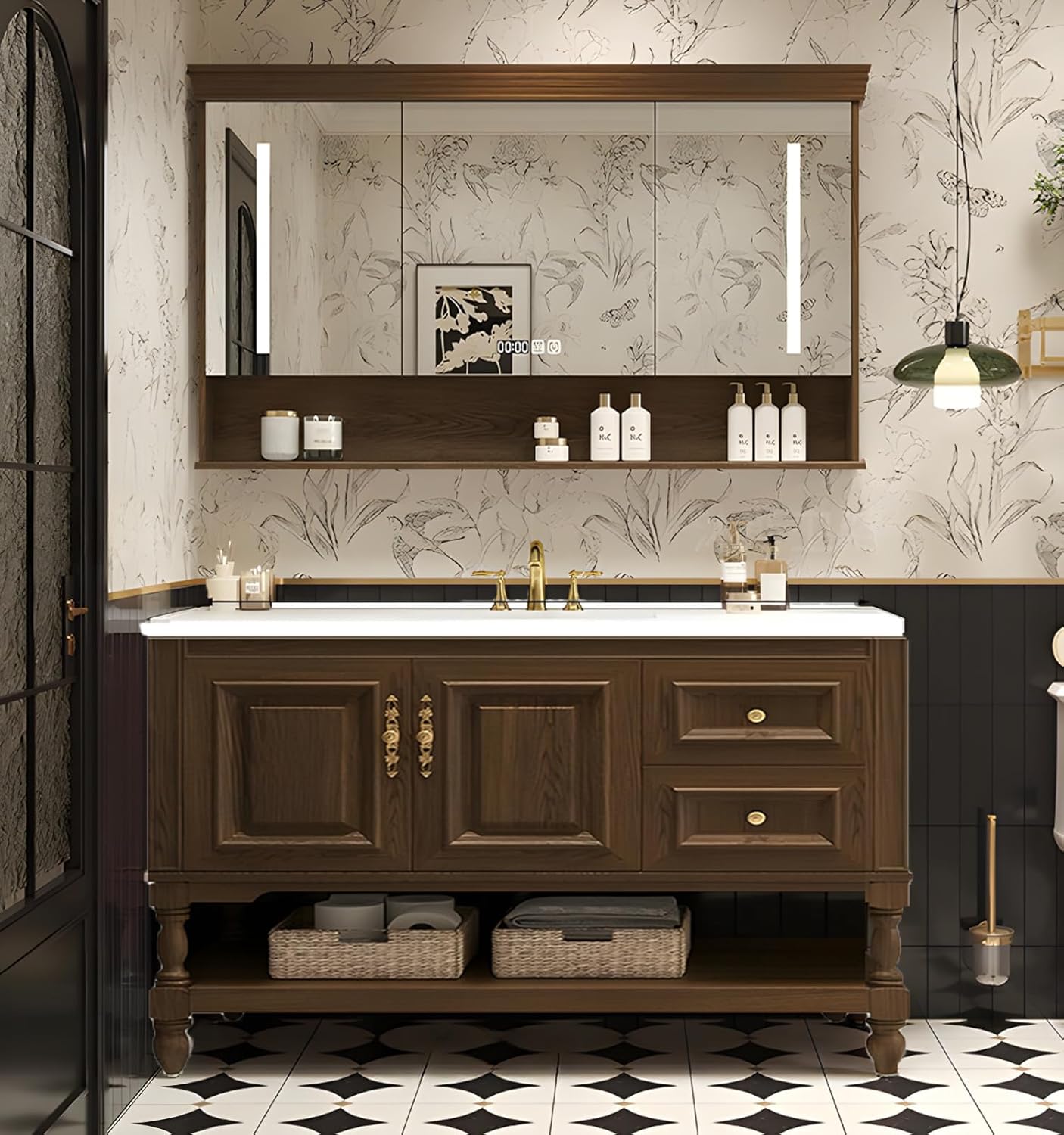 Solid Wood Bathroom Vanity with Sink,Freestanding Bathroom Vanity Large Storage Cabinet & Open Mirror Cabinet,Soft Closing Doors and Drawers,Luxury Bathroom Vanities Set(Brown,44")