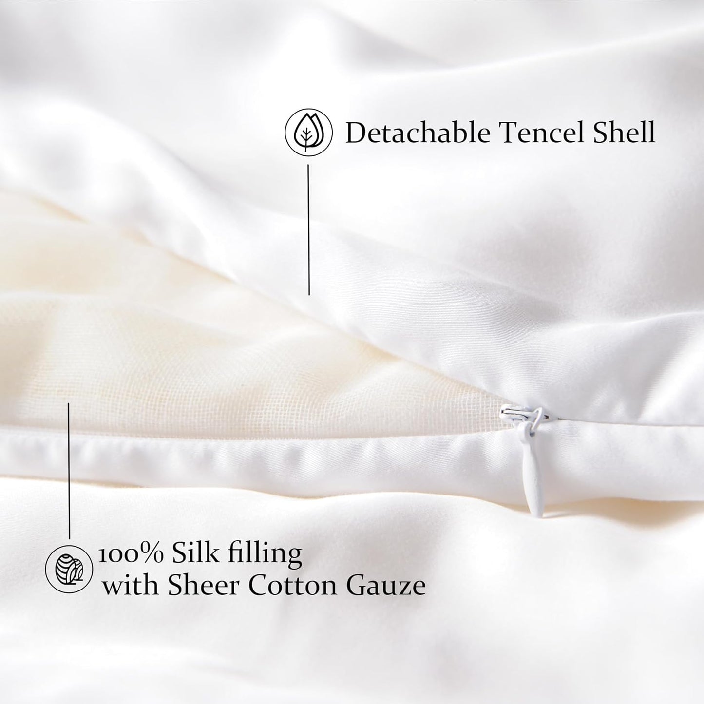 CUDDLE DREAMS Silk Filled Comforter for All Season, Detachable Tencel Duvet Cover for Easy Care, Naturally Breathable (White, Queen)