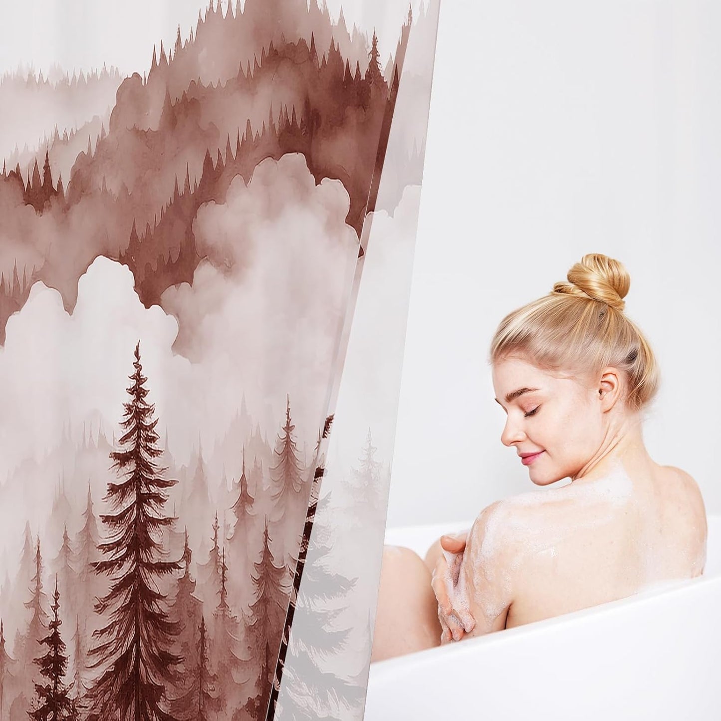 Burgundy Misty Pine Forest Shower Curtain, Mountain Foggy Woodland Scenery Tree Shower Curtains for Chic Rustic Bathroom, Abstract Modern Waterproof Nature-Themed Decor, 72x72 Inches