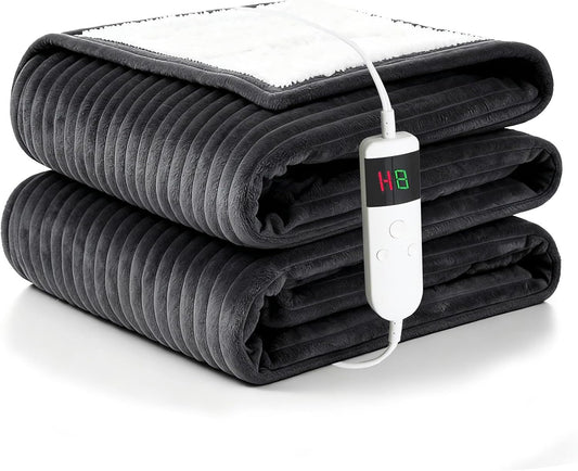 Heated Blanket Electric Throw, Soft Flannel Heating Blanket with 8 Hours Auto Off 10 Fast Heating Levels Machine Washable Sherpa Heated Blanket with Overheating Protection