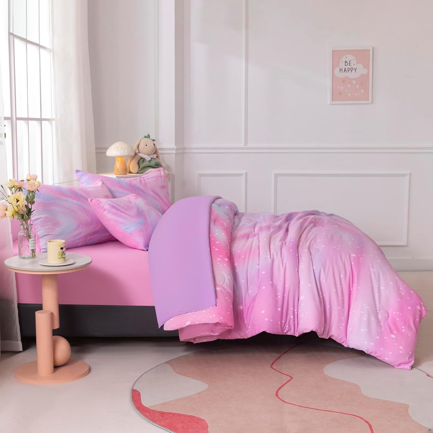 4Pcs Girls Comforter Sets Queen for Girls Kids, Gradient Colorful Rainbow Bedding Set Queen Bed in A Bag (1 Comforter, 1 Flat Sheet, 2 Pillowcases)