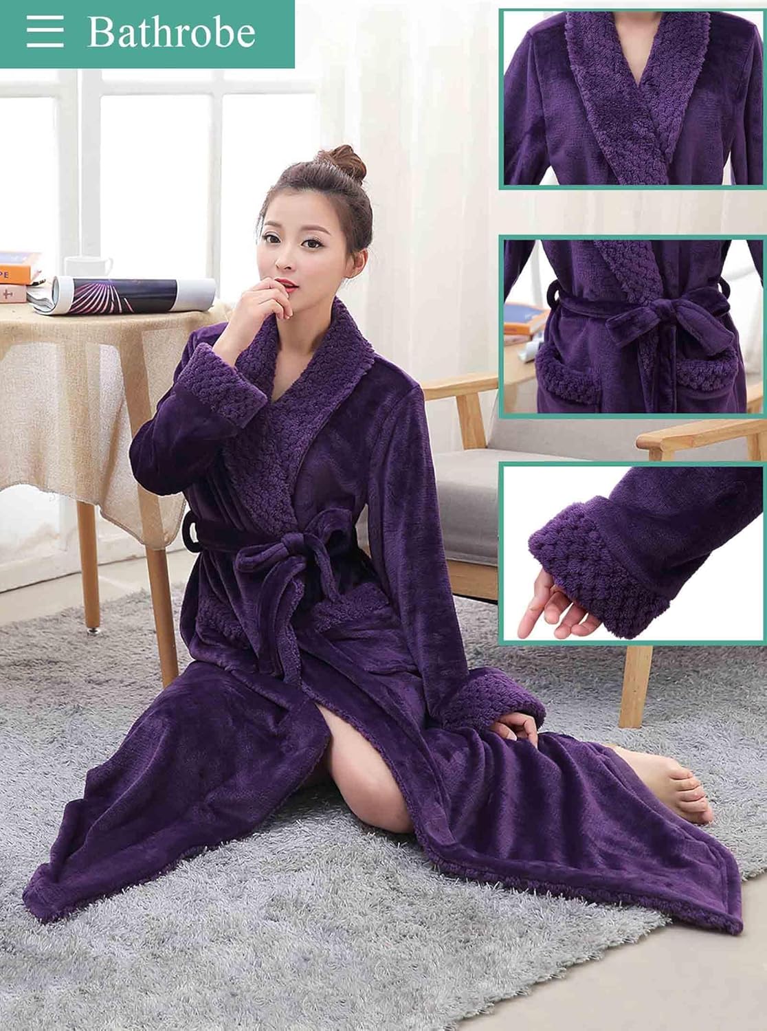 Artfasion Womens Long Fleece Robe - Warm Soft Floor Length Flannel Bathrobes for Winter Thicker Long House Coat with Pockets