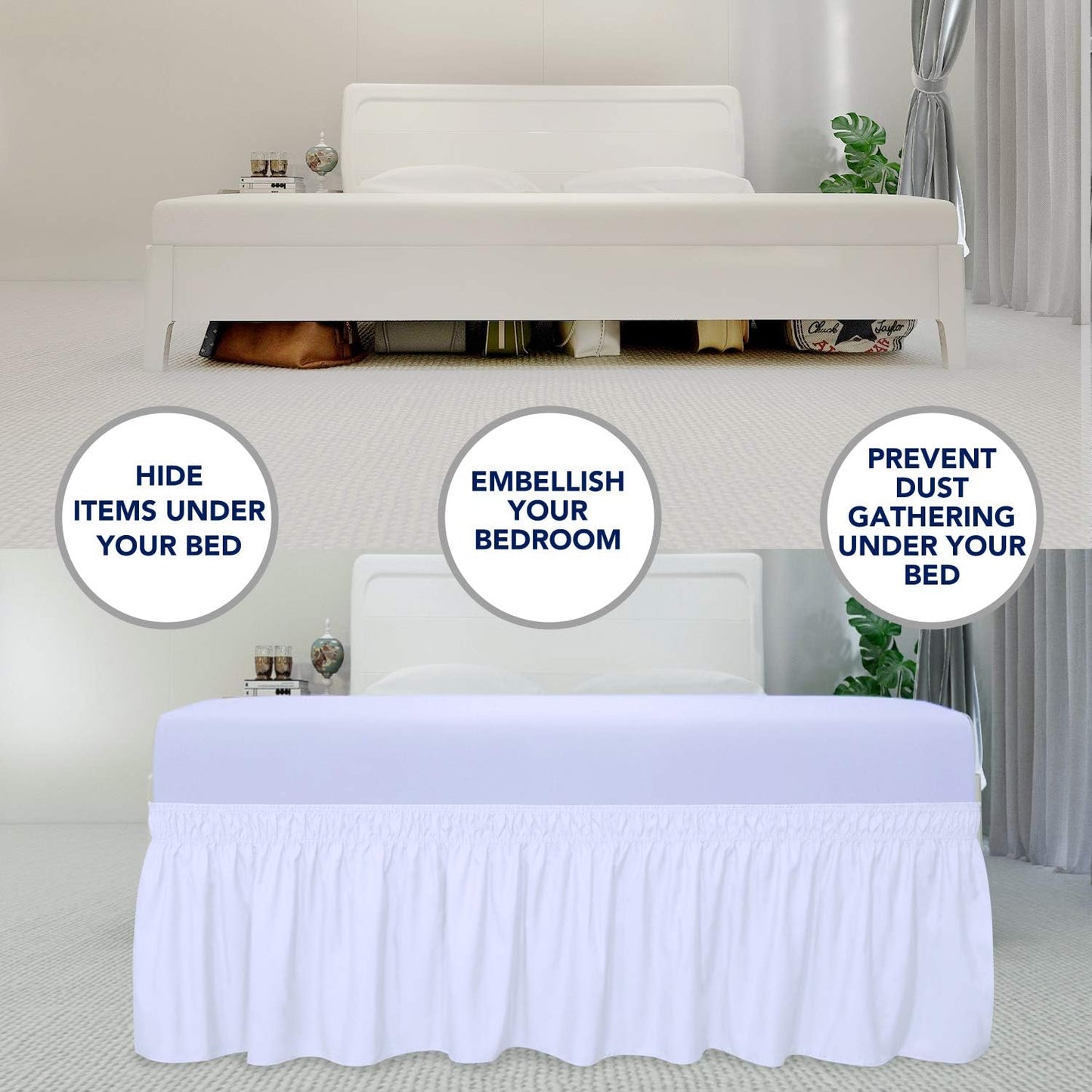PureFit Wrap Around Ruffled Bed Skirt with Adjustable Elastic Belt - 14 Inch Drop Easy to Put On, Wrinkle Free Bedskirt Dust Ruffles, Bed Frame Cover for Queen, King and C-King Size Beds, White