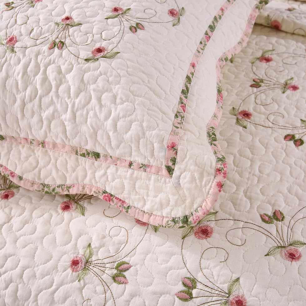 Quilt Set Floral Leaves 3D Embroidery Pattern 2 PCS Cotton Reversible Quilted Embroidered Decorative Bedspreads Coverlet Set, Lightweight &Soft Queen Size Beige Bedding Coverlet for All Season
