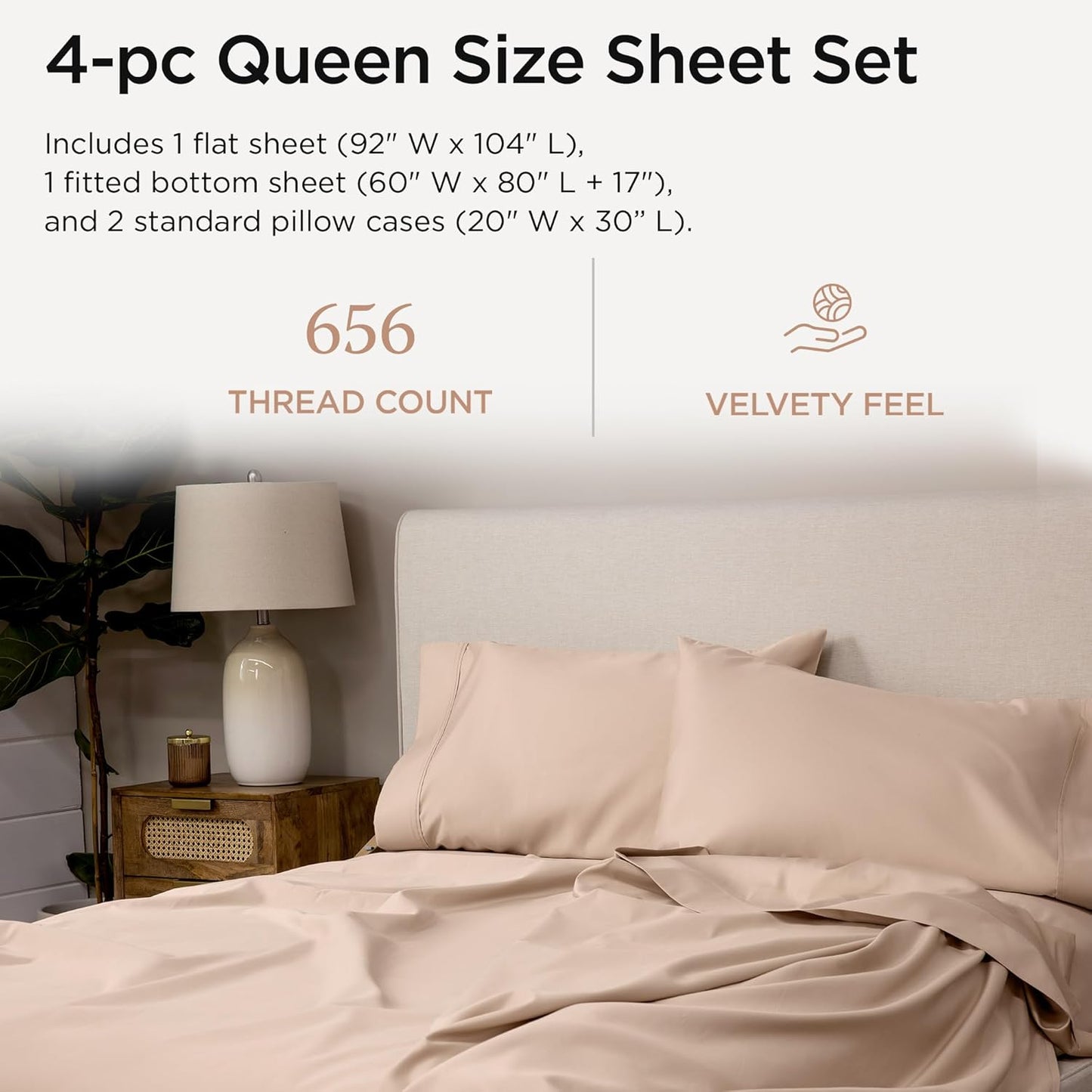Threadmill Supima Cotton Sheets Queen | 656 Thread Count Queen Sheet for Queen Mattress | 4 Piece Luxury Bed Sheets | Sateen Weave Hotel Quality Sheet with Elasticized Deep Pocket | Beige Sheets