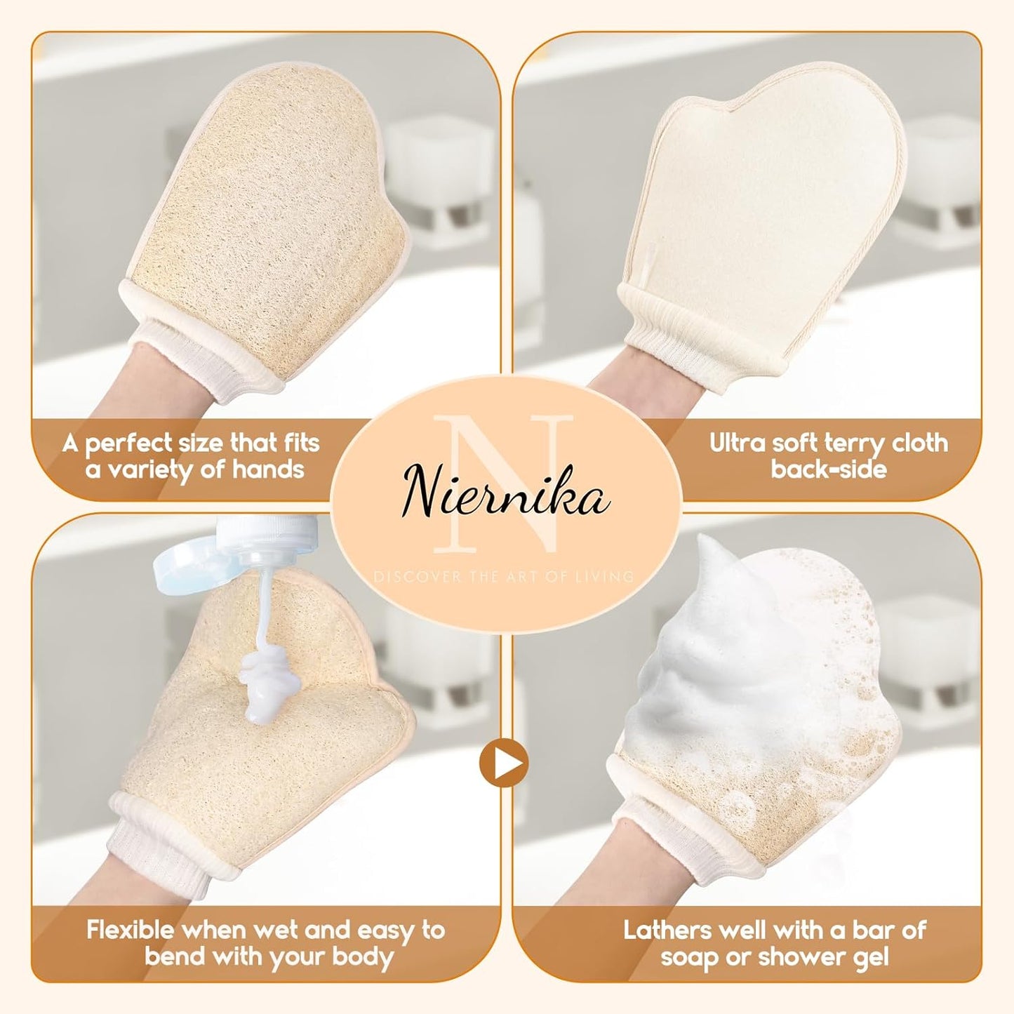 Natural Loofah Exfoliating Mitts, 100% Plant-Based Loofah Sponge for Women and Men,Dye-Free,for face and Body-2 Count