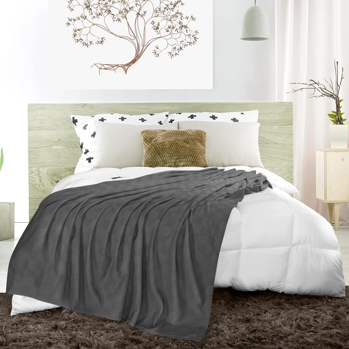 Avalon Bedding 100% Cotton Blankets King Size Thermal Blanket (108"x90") - Perfect Cotton Blanket King Size for Layering Bed in Any Season - Cotton Blankets for Bed (Grey)