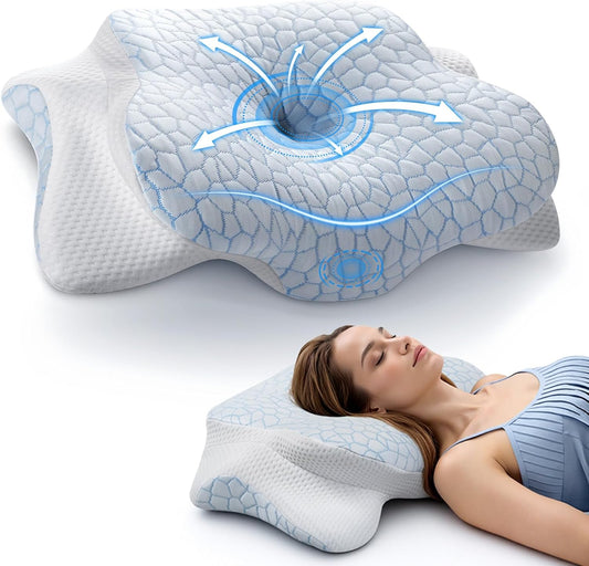 JINXIA Cervical Neck Pillow for Neck and Shoulder, Odorless Memory Foam Pillow with Soft Silk Cover, Ergonomic Orthopedic Neck Support Pillow for Side, Back & Stomach Sleepers - White