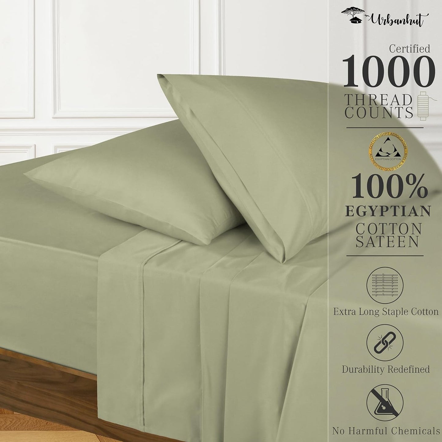 URBANHUT 100% Egyptian Cotton Sheets - 1000 Thread Count Full Size Sheets Set (4Pc), Long Staple Cotton Bedding Sheets, All Season Sateen Weave, Luxury Hotel Bedsheets,16" Deep Pocket - Sage(Moss)