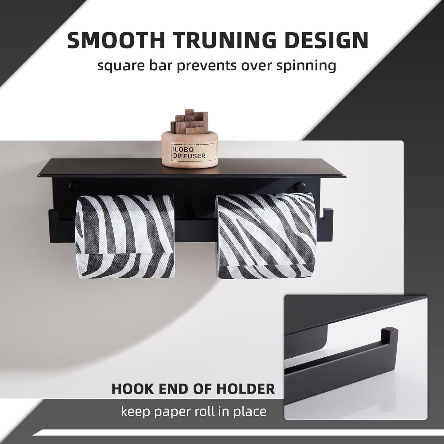 Angle Simple Matte Black Toilet Paper Holder with Shelf, 304 Stainless Steel Double Toilet Tissue Roll Holder for Wall