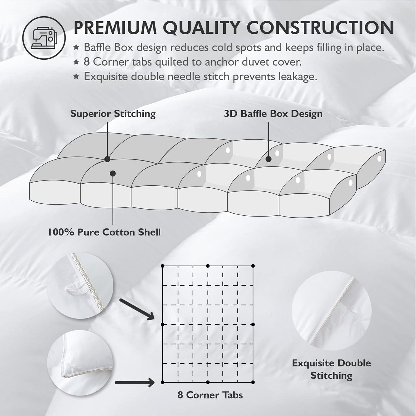 Luxurious Oversized King 108" x 98" Size Goose Down Fiber Waterfowl Feather Fiber Comforter Duvet, 100% Egyptian Cotton Cover, 65 oz. Fill Weight, Baffle Box Design, White Solid