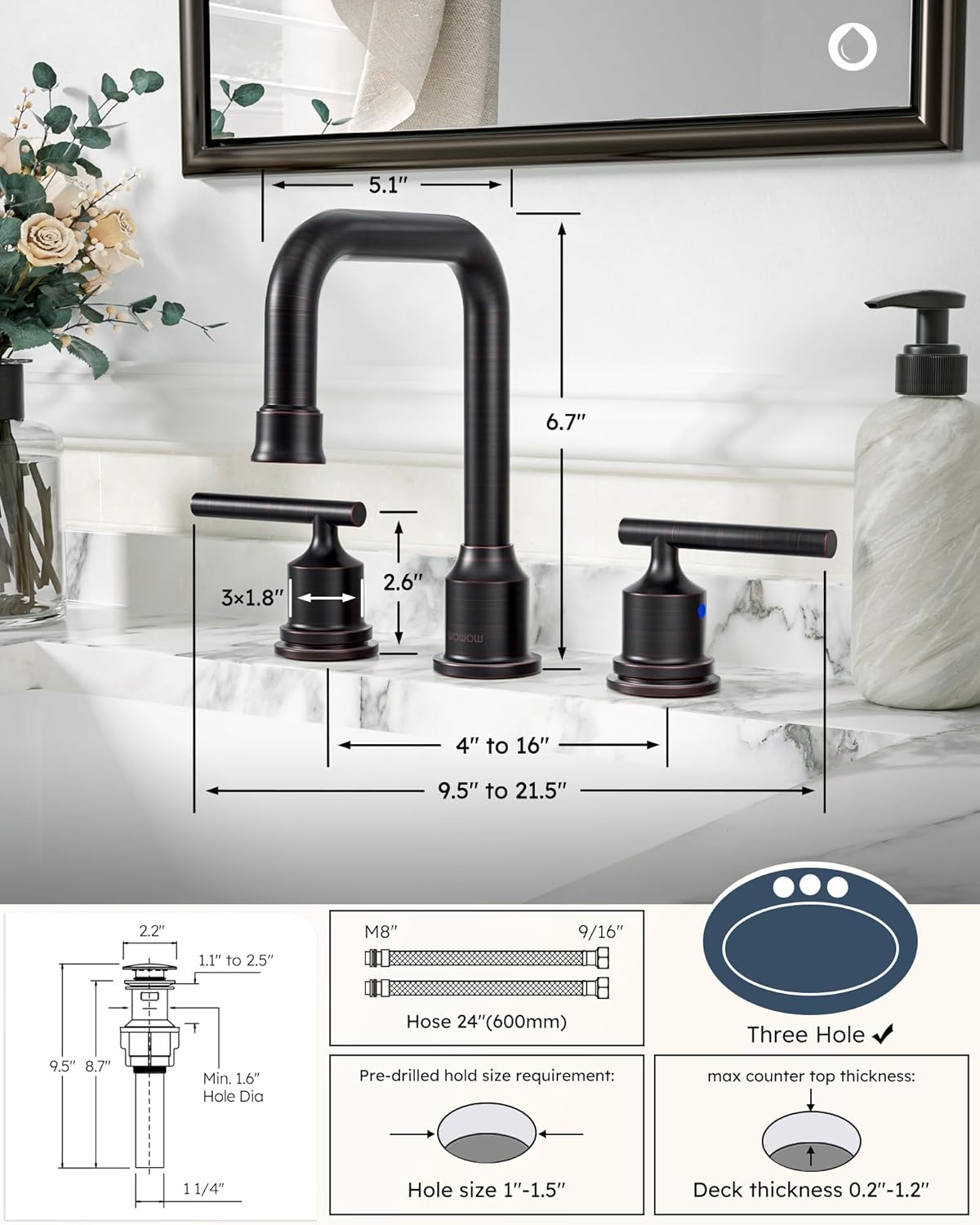 WOWOW Oil Rubbed Bronze Bathroom Faucet Widespread Bathroom Sink Faucet 3 Holes Vanity Faucet 2 Handle Basin Tap with Drain and Suplly Lines Retro