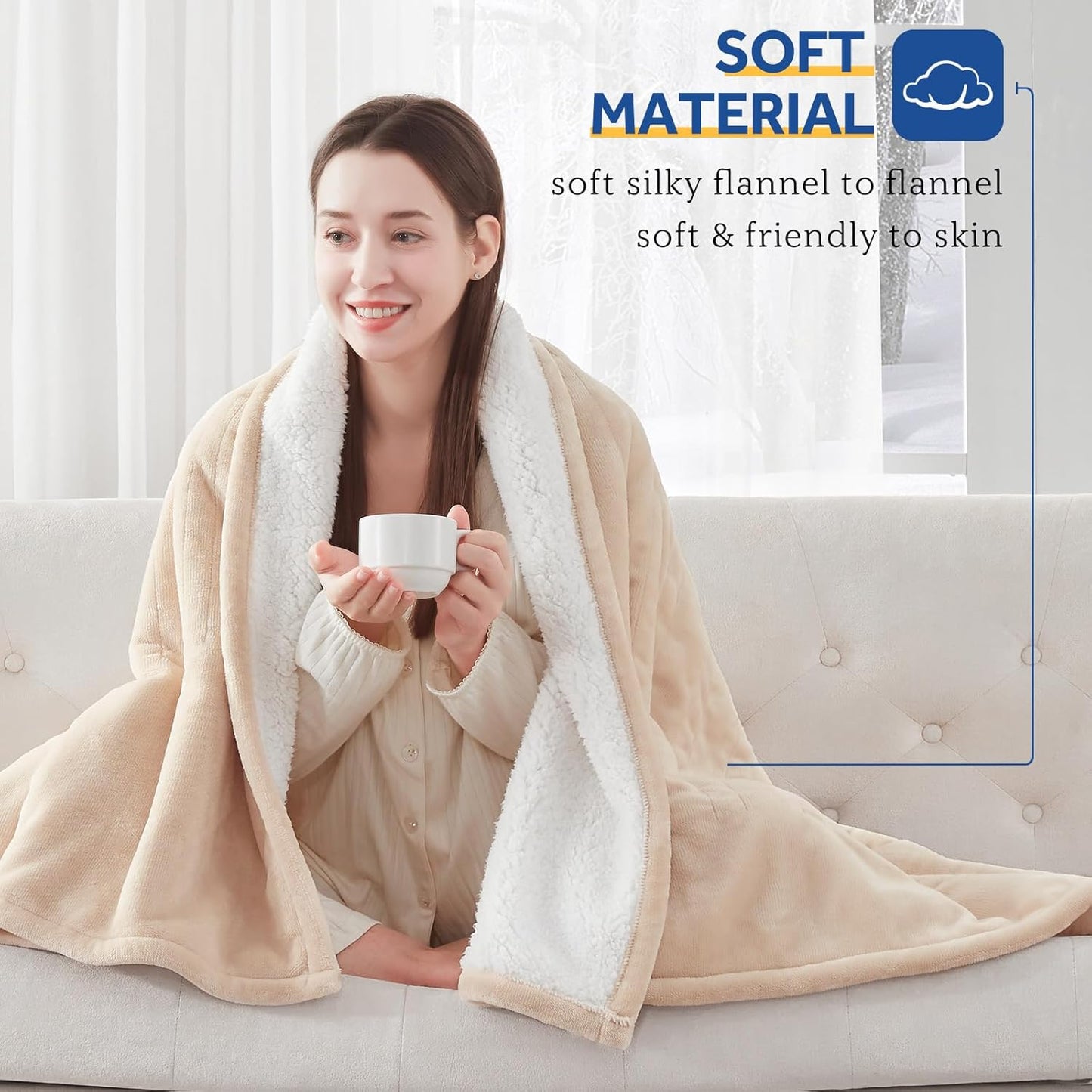 SEALY Electric Blanket Twin Size, Flannel & Sherpa Heated Blanket with 10 Heating Levels & 1-12 Hours Auto Off, Machine Washable, Beige, 62x 84 Inch