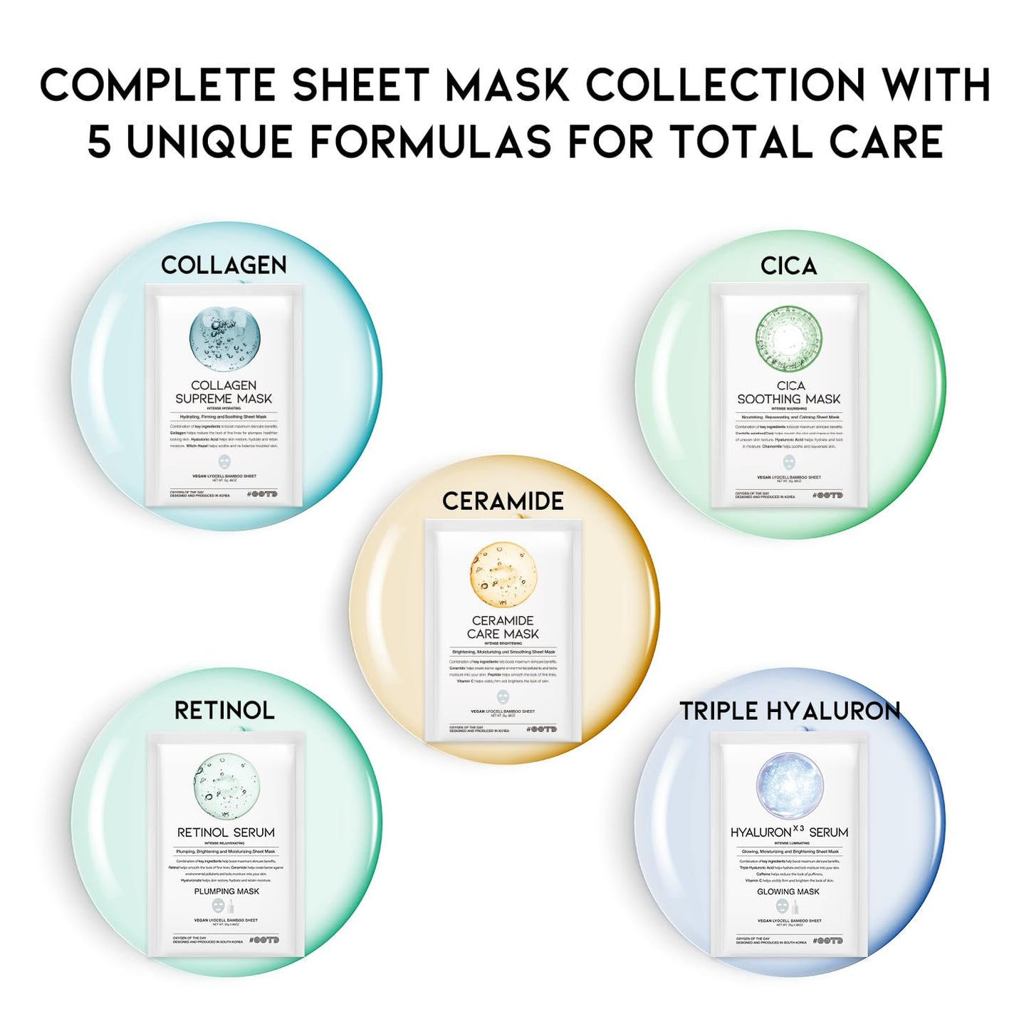 50Combo Korean Face Sheet Mask Gift Pack, Hydrating, Calming, Brightening, Smooting, Rejuvenating, EVE Vegan, Cica, Hyaluron, Retinol, Ceramide, Collagen