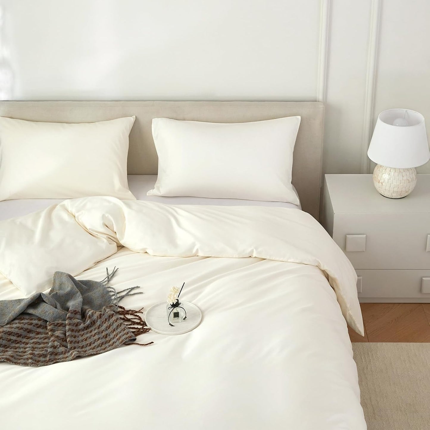 Cream White Duvet Cover King Size 3 Piece-100% Egyptian Cotton Duvet Cover Set ，1600 Thread Count -Extra Soft Bedding Set(104x90 inches)
