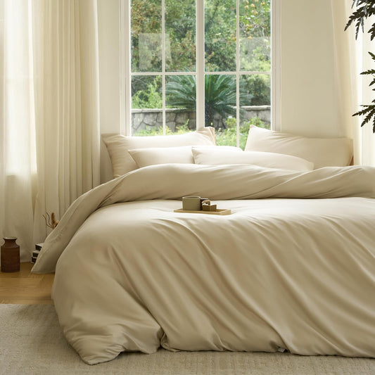 DOZ Duvet Cover Set, 100% Viscose derived from Bamboo, Organically Grown, Buttery Soft, Cooling Duvet Covers, High GSM, 1 Duvet Cover and 2 Pillowcases, 90"x90" (Sand, Full/Queen)