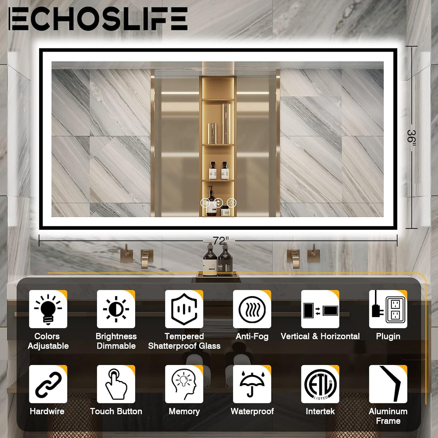 72x36 Bathroom Mirror With Lights - Black Aluminum Framed (Front and Backlit), Anti-Fog LED Lighted Bathroom Mirror,Stepless Dimmable Vanity Mirror,3 Colors Smart Mirror(Horizontal/Vertical)