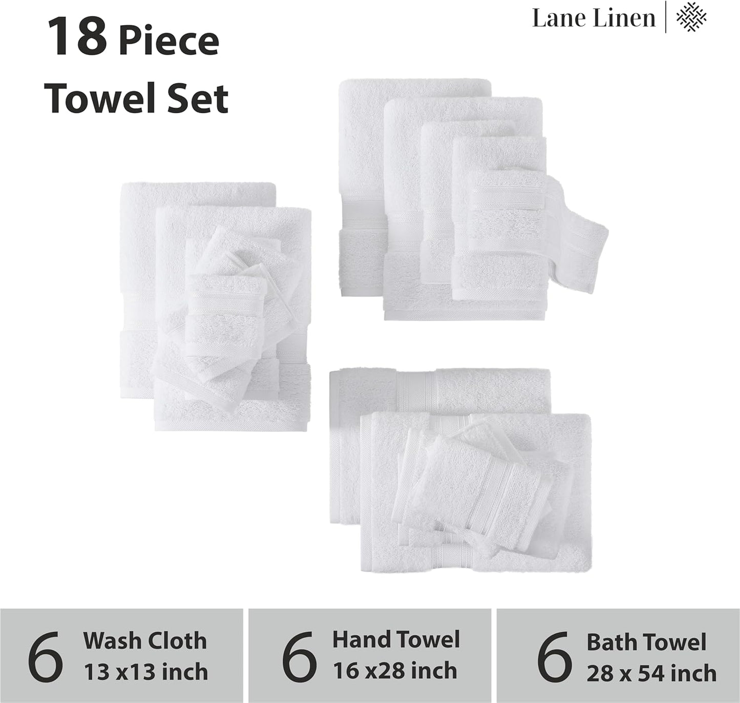 LANE LINEN Towel Set of 18 – Premium 100% Cotton, Zero Twist, 6 Large Bath Towel, 6 Hand Towels & 6 Wash Cloths, Quick Dry & Long-Lasting, Perfect for Family Bathrooms, Easy Care – White Towels