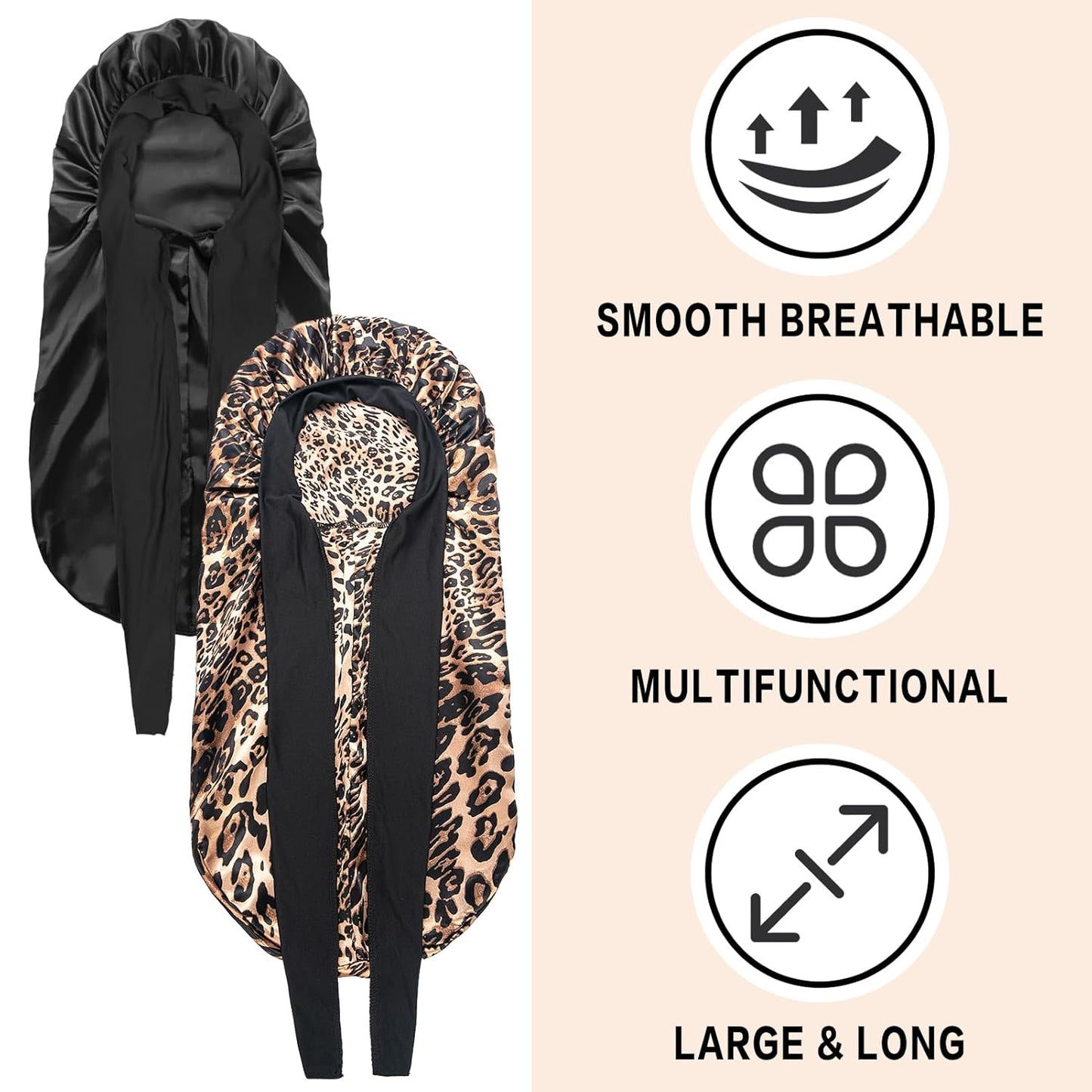2Pcs Bonnets for Black Women Braid Bonnet, Large Long Satin Bonnet for Braids, Silk Bonnet with Stretchy Tie Band Sleep Cap Hair (2Pcs-Black&Leopard)