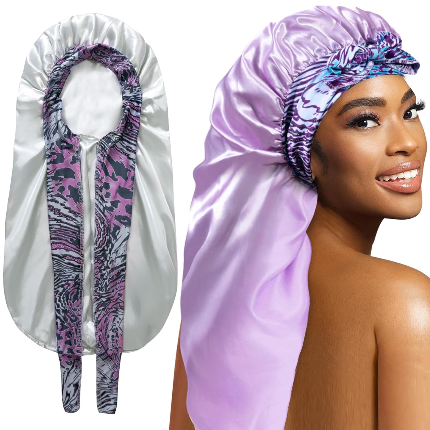 2Pcs Bonnets for Black Women Braid Bonnet, Large Long Satin Silk Bonnet for Braids,Black Women Braid Bonnet with Stretchy Tie Band for Sleeping Extra Long (Green & Light Purple Pattern)