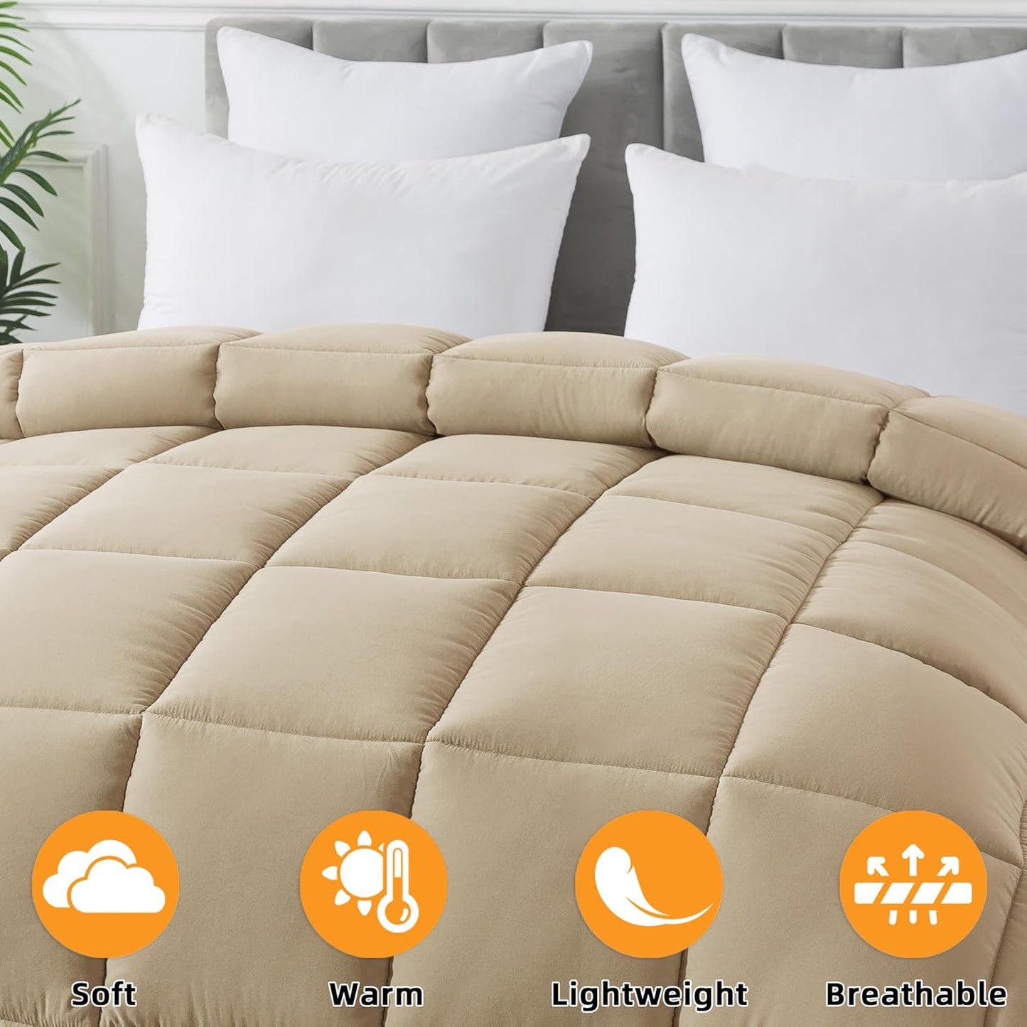 Cosybay Down Alternative Comforter (Beige, Full) - All Season Soft Quilted Full Size Bed Comforter - Duvet Insert with Corner Tabs -Winter Summer Warm Fluffy, 82x86 inches