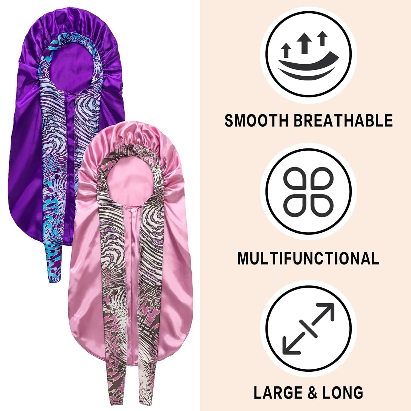2Pcs Bonnets for Black Women Braid Bonnet, Large Long Satin Silk Bonnet for Braids,Black Women Braid Bonnet with Stretchy Tie Band for Sleeping Extra Long (Purple & Pink Pattern)
