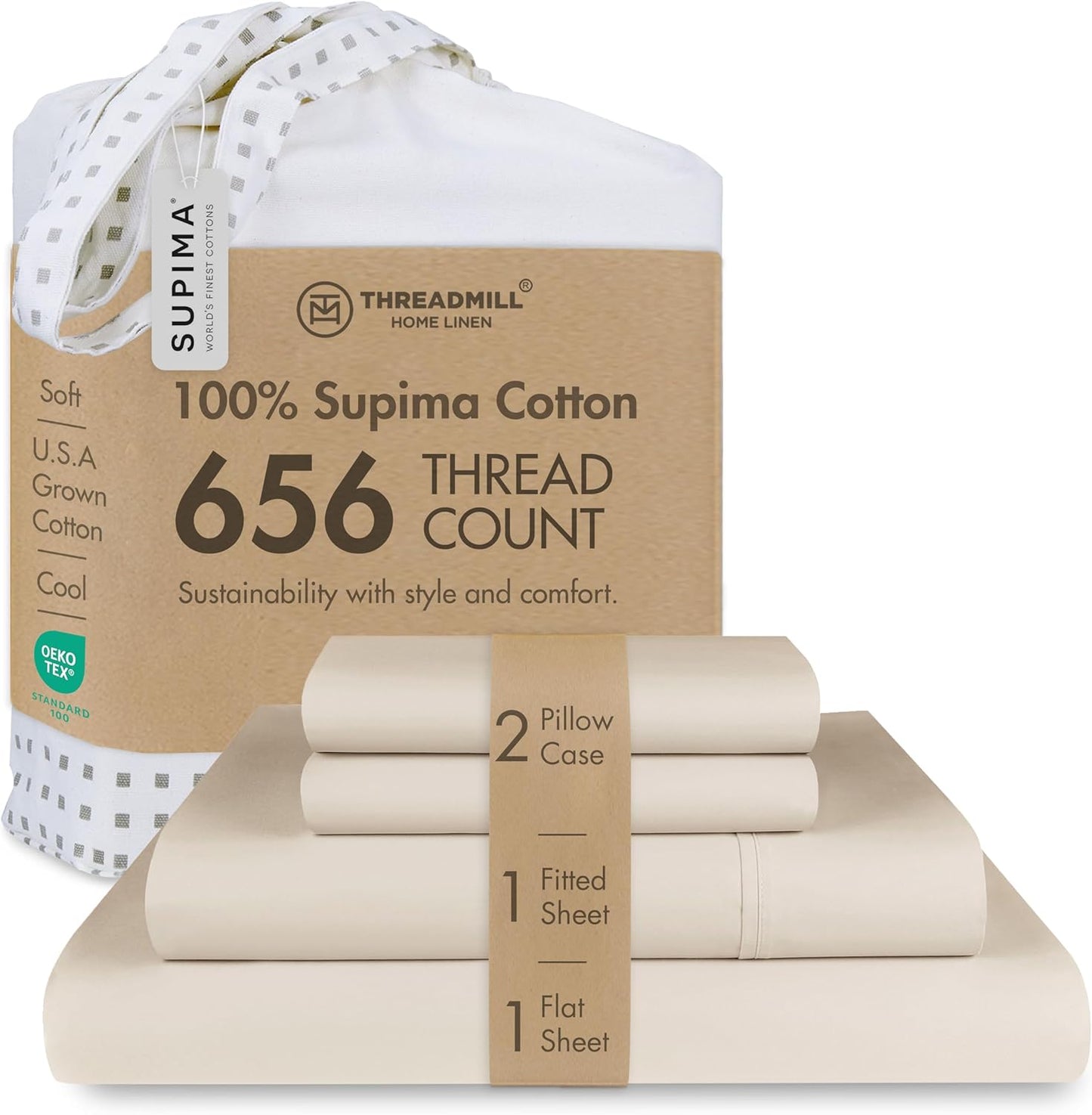 Threadmill California King Sheet Sets |Certified American Supima Cotton Sheets | 656 Thread Count 4 Piece Hotel Quality Luxury Bed Sheets Set with Elasticized Extra Deep Pocket |Beige Sheets