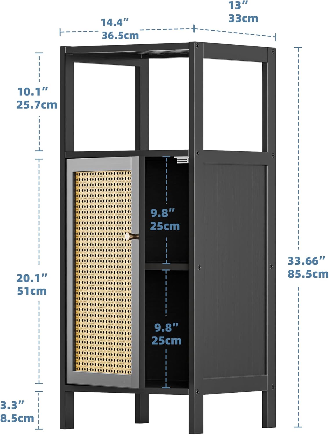 HITNET Bamboo Floor Cabinet, Small Bathroom Storage Cabinet with Single Rattan Door, Narrow Side Storage Organizer Unit Freestanding Space Saving Kitchen Cupboard, Black