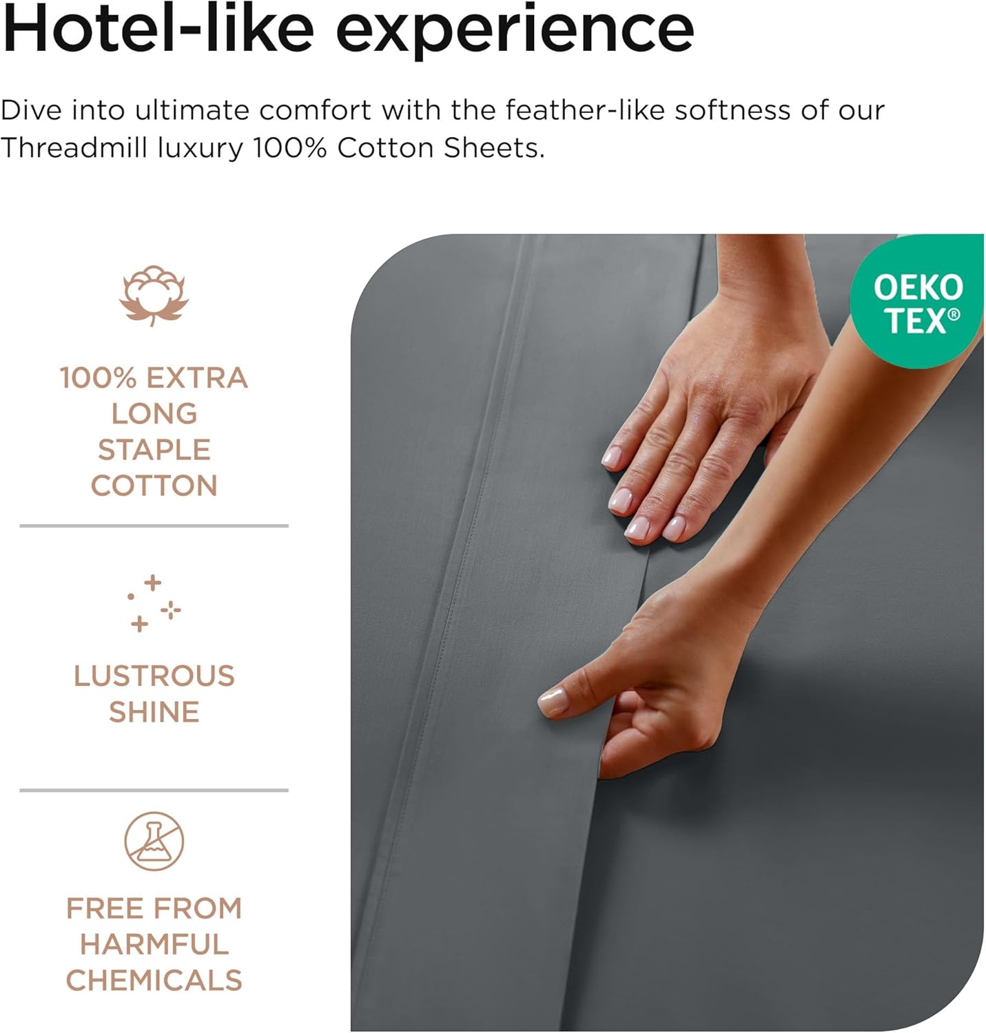 Threadmill 100% Cotton Sheets for Queen Size Bed - 600 Thread Count Queen Bed Sheets Set with 16” Deep Pocket - Sateen Weave 4-Piece Bedding Set with Cooling Effect, Dark Grey