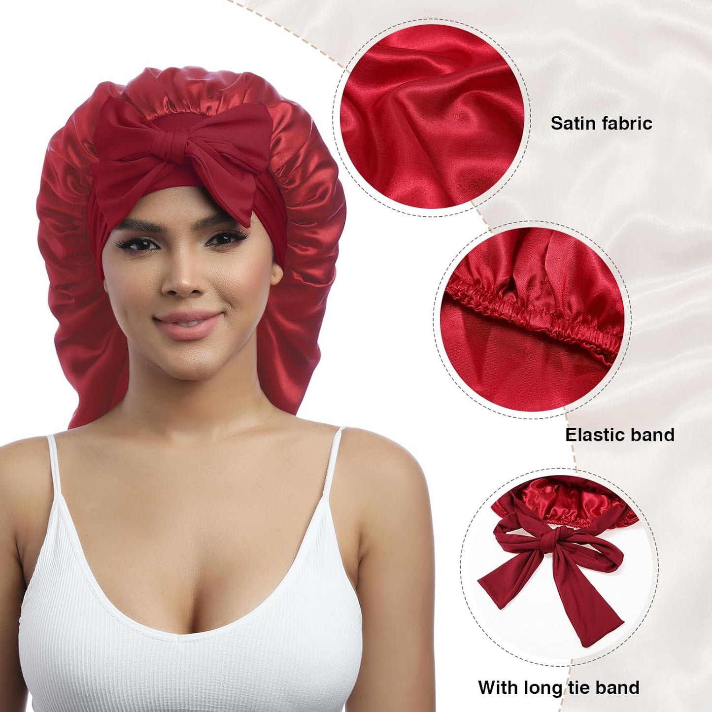 AWAYTR Long Satin Bonnet for Braids - Elastic Silk Hair Bonnets for Sleeping Night Cap Stretchy Tie Band for Women（Wine Red）