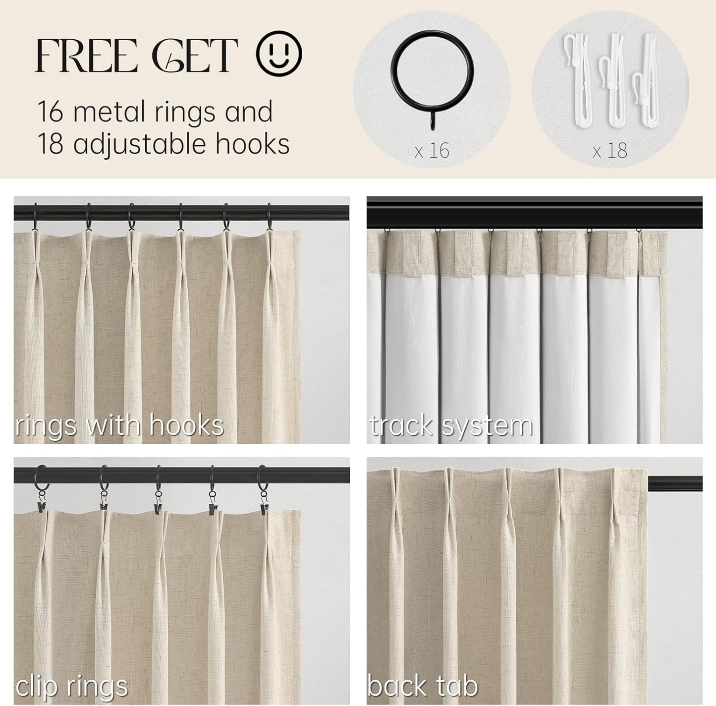 Topfinel 90 Inches Long Full Blackout Cream Farmhouse Linen Curtains for Bedroom, Ivory Pinch Pleated Curtains, Decorative Elegant Farmhouse Lined Drapes 2 Panels Set for Living Room Sliding Door