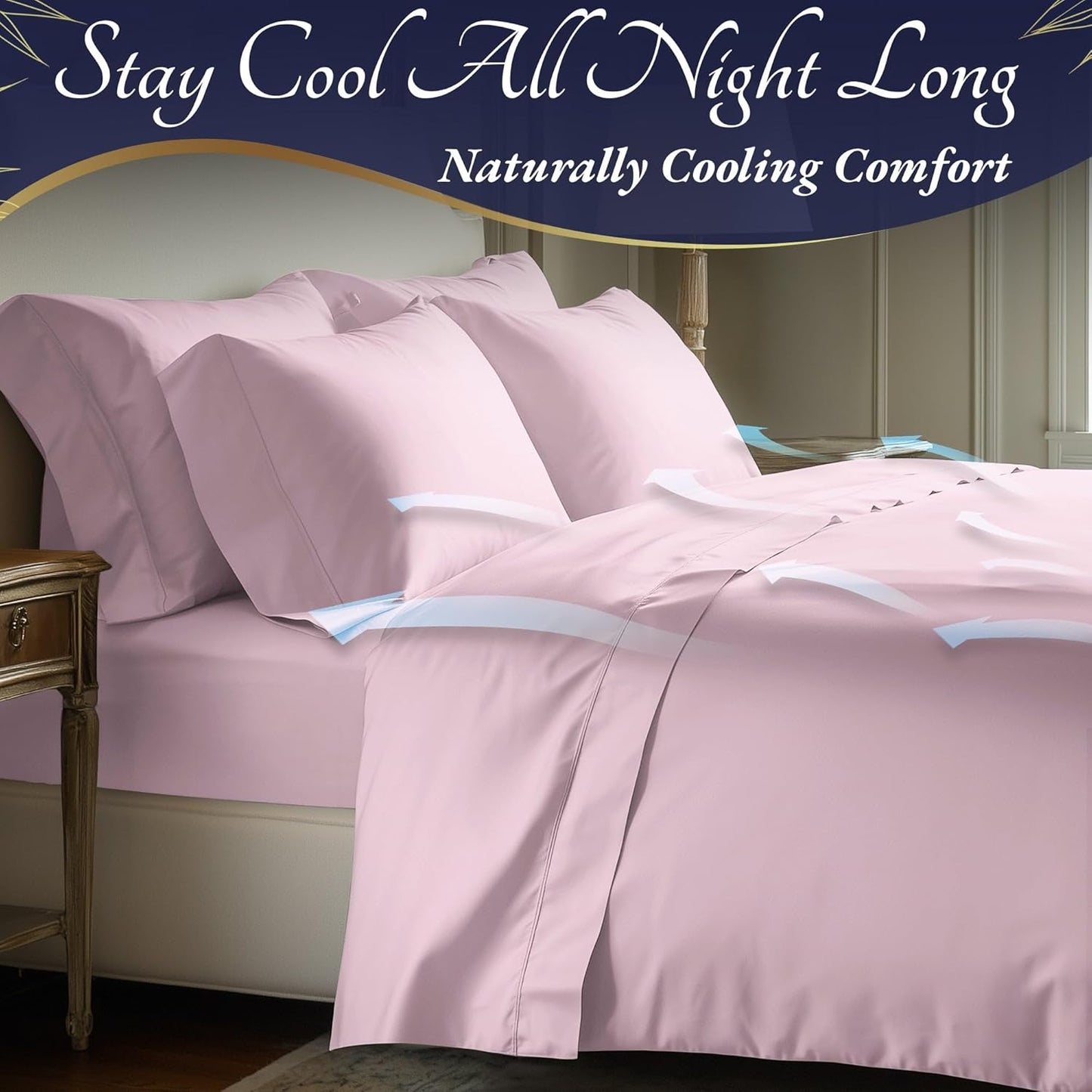 DECOLURE 100% Viscose Derived from Bamboo Sheets King Size 4pcs - Ultra Soft & Luxuriously Cooling, 17" Deep Pocket, Double Stitching, Perfect for Hot Sleepers - King Bed Sheets (Light Pink)