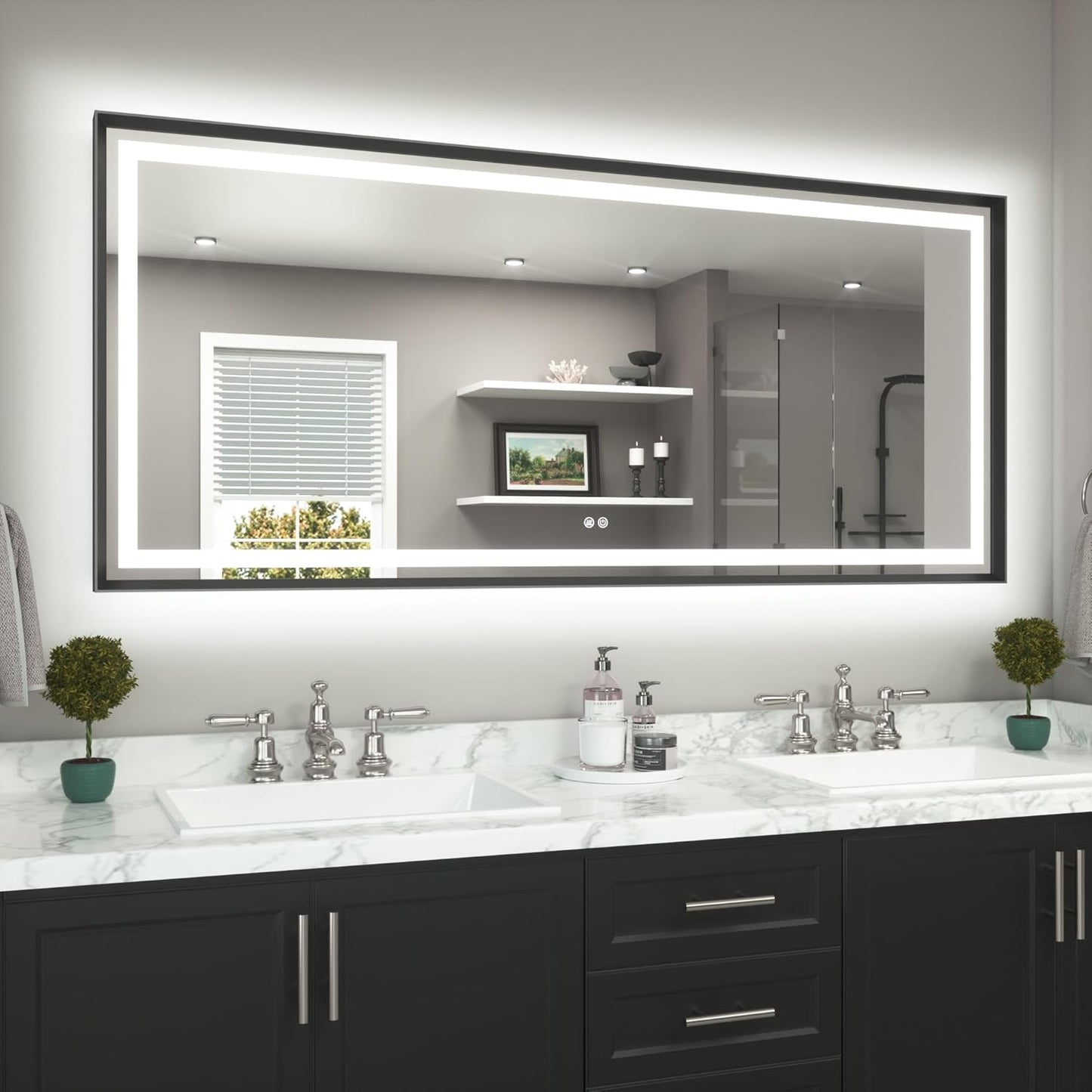 TETOTE 72 x 32 Large Bathroom Mirror Brushed Black Metal Frame Frontlit & Backlit Vanity Mirror 3 Colors White/Warm/Natural Stepless Dimmable Anti-Fog Bathroom Mirrors for Vanity Wall-Mounted