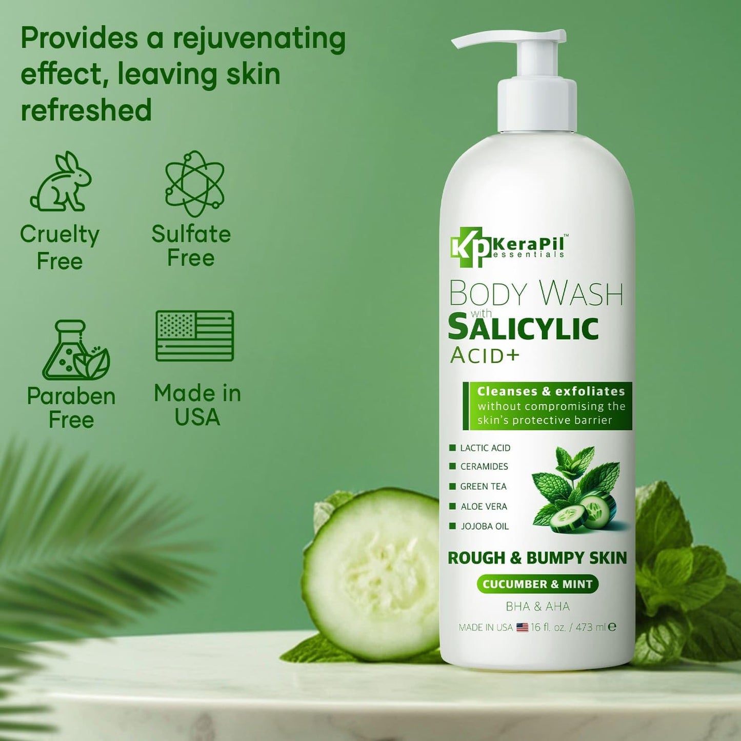 Exfoliating Body Wash with Salicylic Acid - No Dry Out, Gentle Exfoliates Rough and Bumpy Skin, Body Acne Wash, BHA & AHA - Cucumber and Mint Salicylic Acid Body Wash - (16 fl oz x 2)