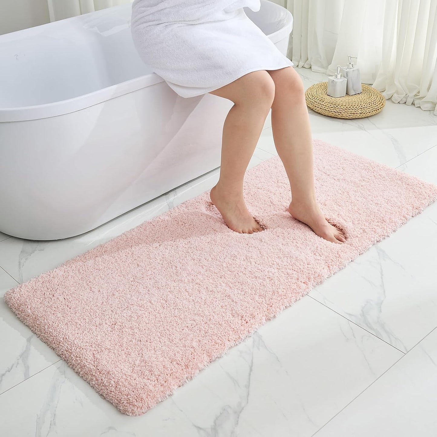 Pink Bathroom Runner Rug 24x70 Non Slip Fluffy Long Bath Mat for Bathroom Floor Washable Plush Luxury Bath Rug for Tub Absorbent Shower Sink Mat Bedside Rug