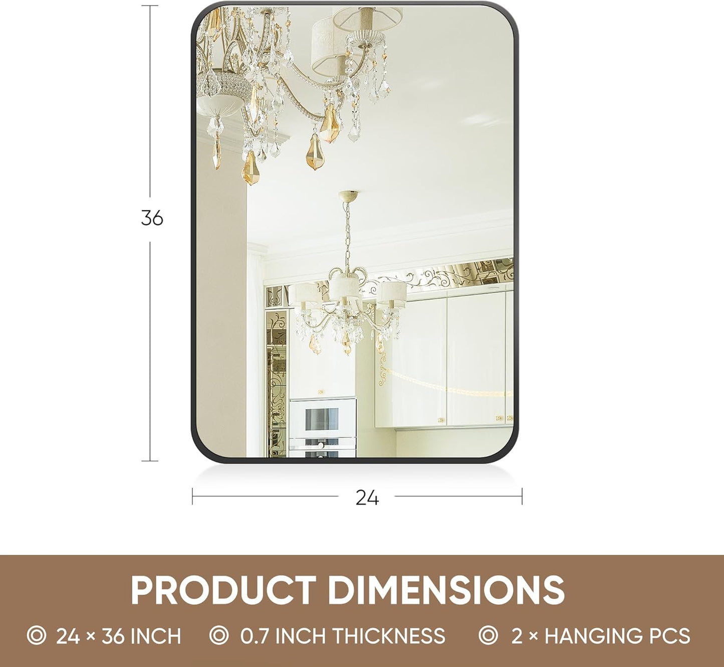 Antok Bathroom Mirror, 36"x24" Wall Mirror, Decorative Mirrors Vanity Mirror Aluminum Alloy Frame Contemporary Rectangular Hanging Mirror for Living Room Bathroom Entryway,Black,Round Corner