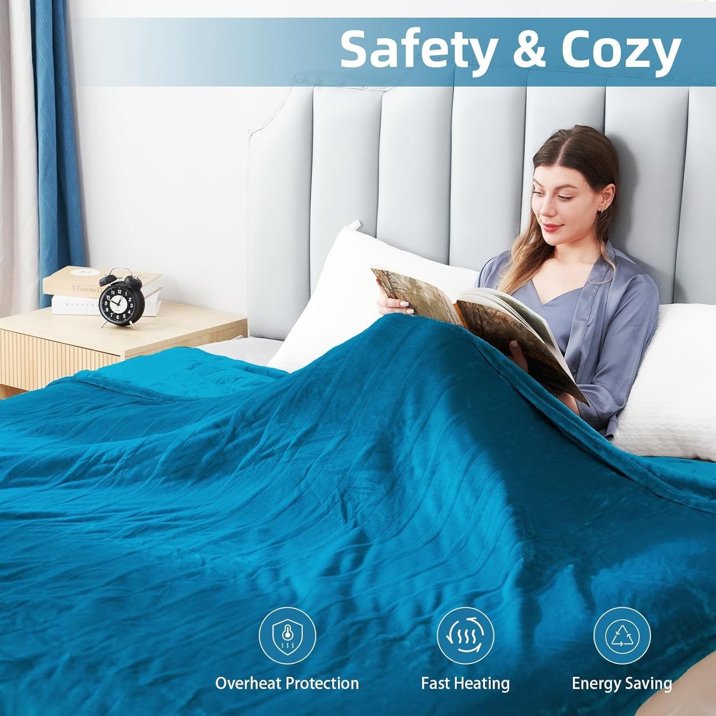 Electric Heated Blanket Twin Size 62”x84”,Soft Warmth Cozy with 5 Heating Settings 10 Hours Auto-Off, One Touch Operation, Machine Washable, Teal/Blue Green