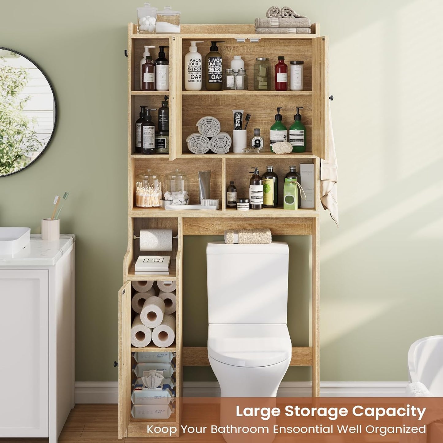 Itaar Over The Toilet Storage Cabinet, Farmhouse Rattan Bathroom Cabinet, Over Toilet Bathroom Organizer with Rattan Barn Doors & Toilet Paper Holder Stand, for Restroom, Laundry